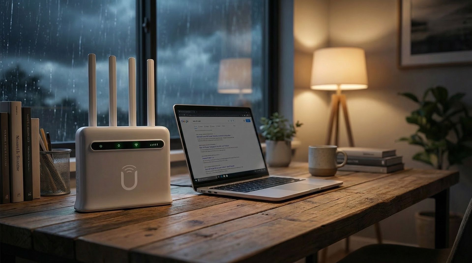 Unlimitedville router on desk with laptop, coffee, and notebook