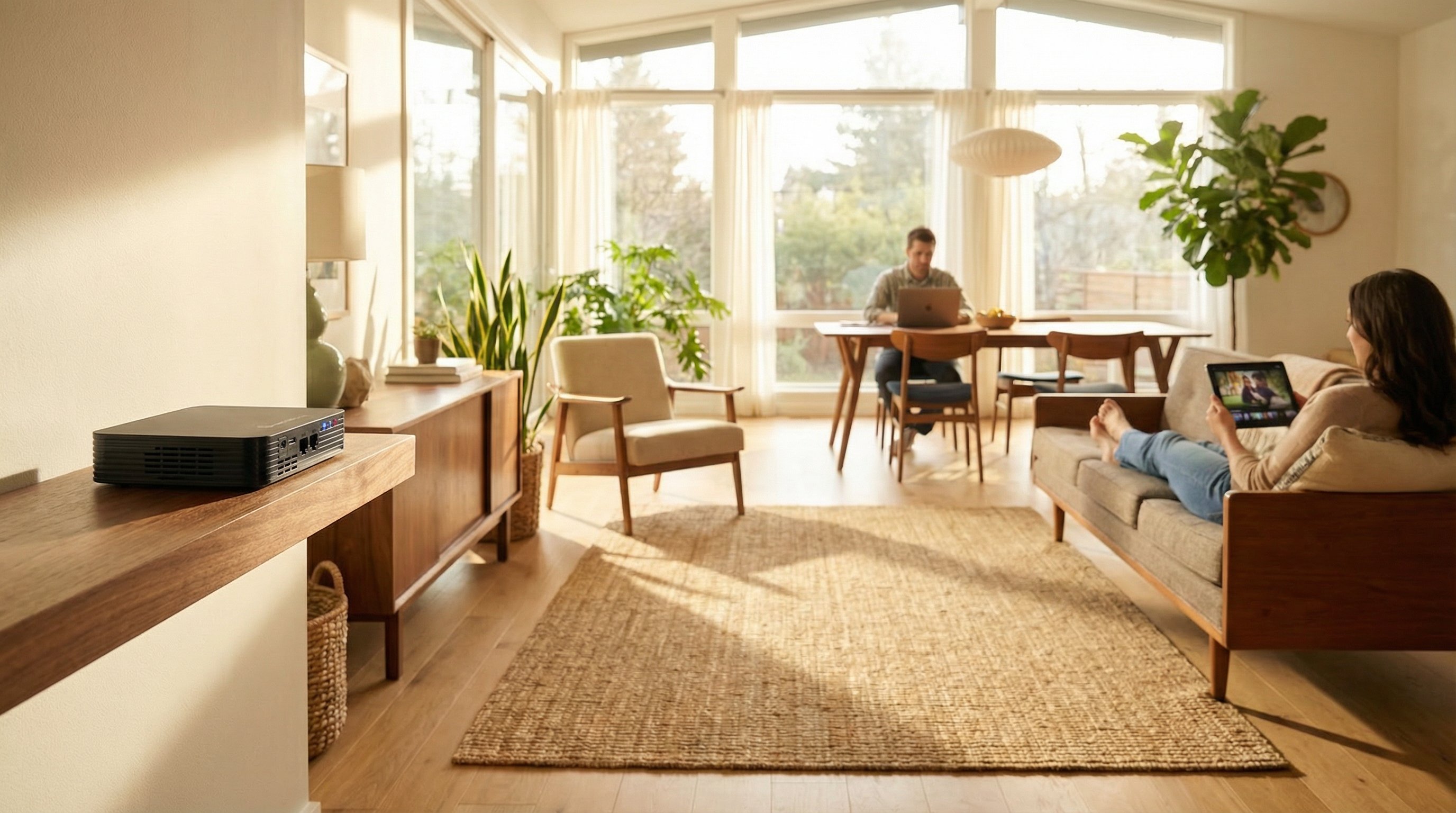 Unlimitedville router in a bright living room with family streaming and working on devices