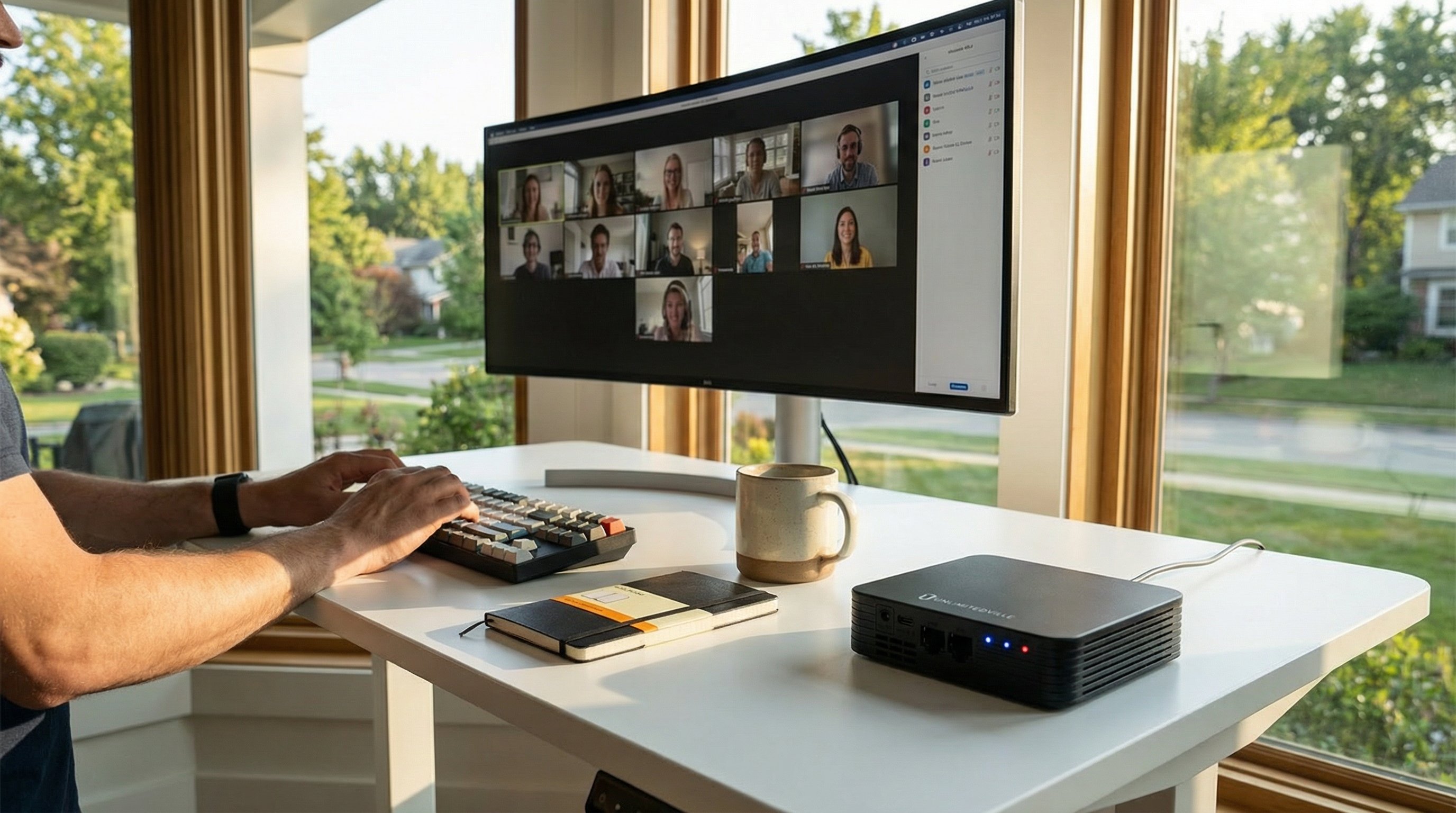 Unlimitedville router on a standing desk during a video conference call in a home office