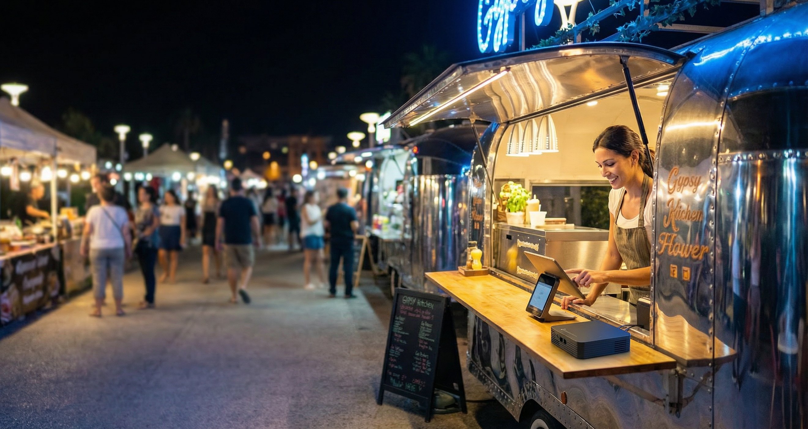 Food truck vendor using Unlimitedville wireless internet at a busy night market