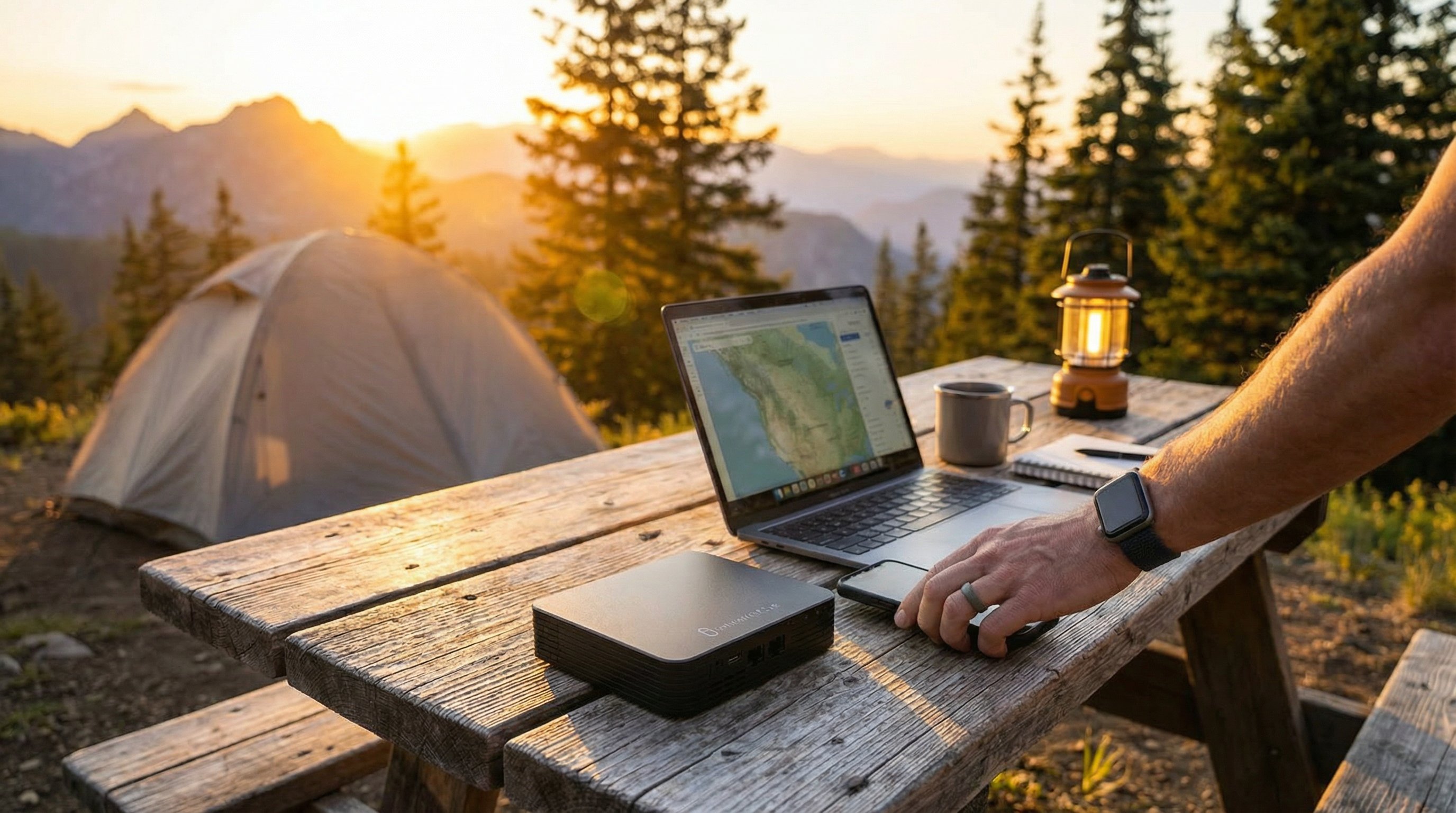 Unlimitedville router on a picnic table at a mountain campsite with laptop